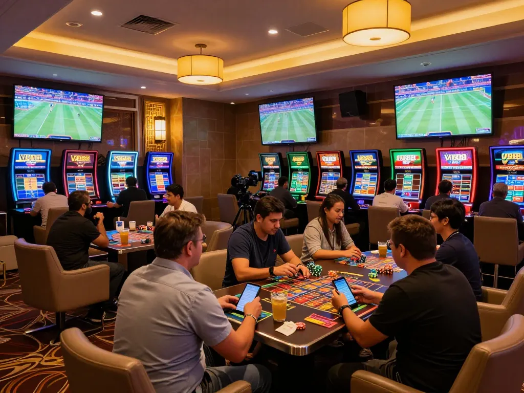 VB88 sports bettors enjoying live action on sleek screens in a vibrant casino lounge.