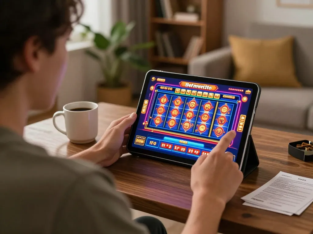 Betmentoto player engaged in mobile gaming at home, highlighting the excitement of online gambling.