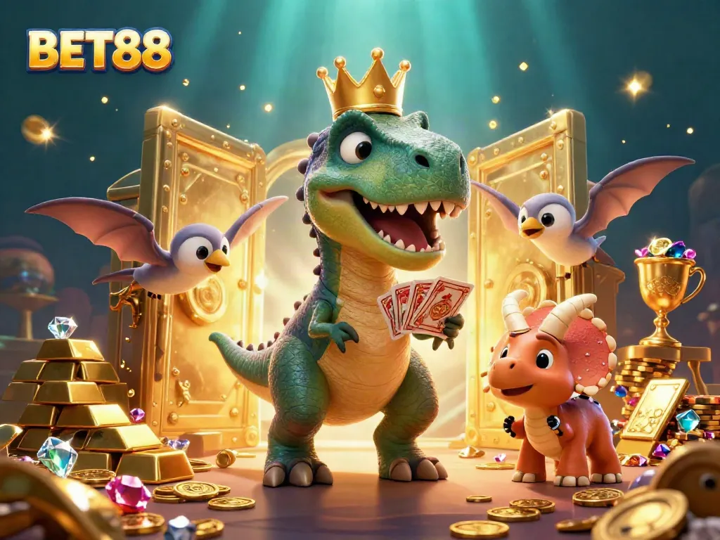 Experience fun gaming action with BET88 featuring a T-Rex, pterodactyl, and triceratops surrounded by treasure and casino elements.