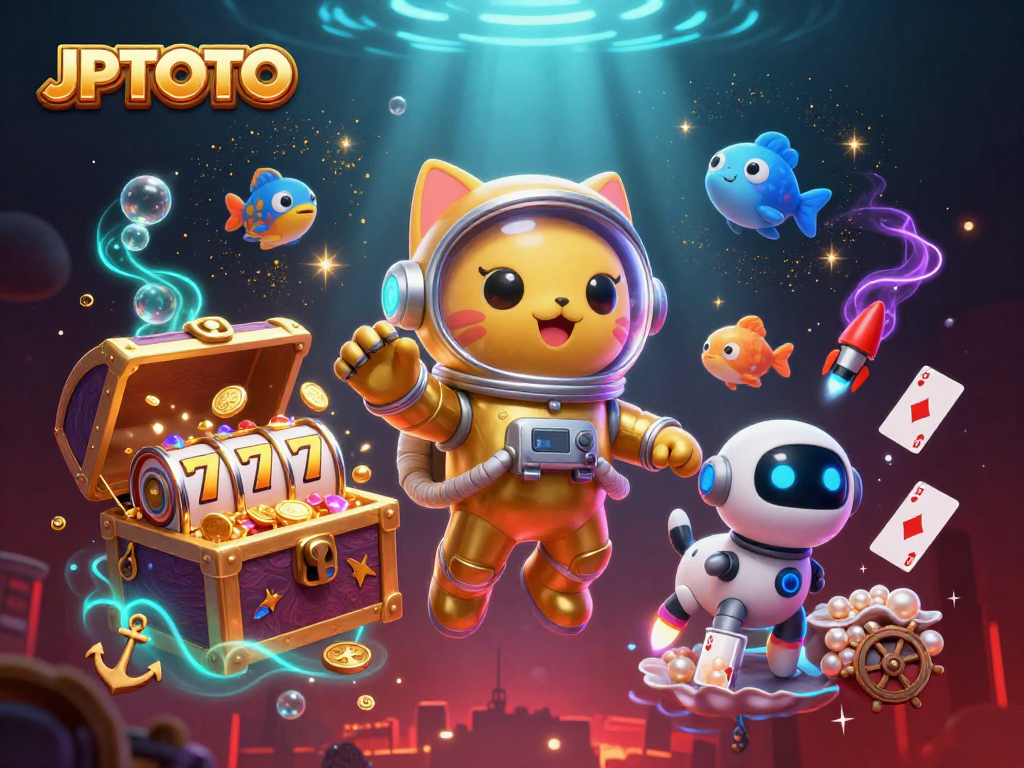 Engage with thrilling slots at JPTOTO, featuring a vibrant scene of a cosmic cat and robot dog amidst treasures.