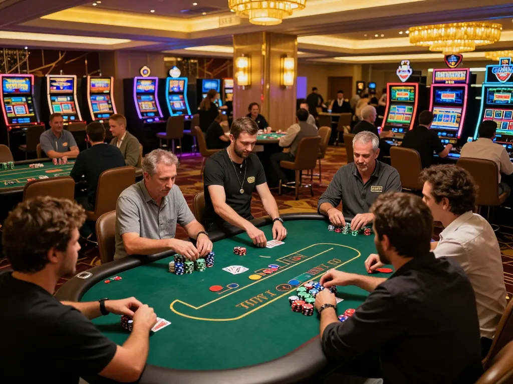 Create a caricature of lively casino gaming experience featuring engaged players and vibrant decor.