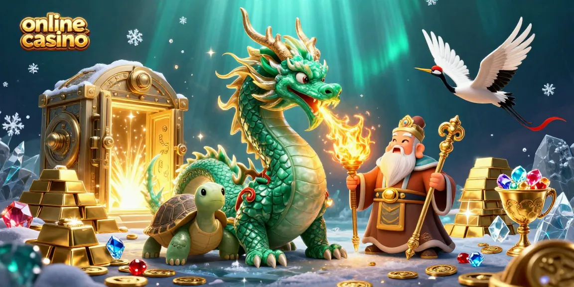 Experience thrilling online casino games in a vibrant fantasy world with emerald dragon and lucky cranes.