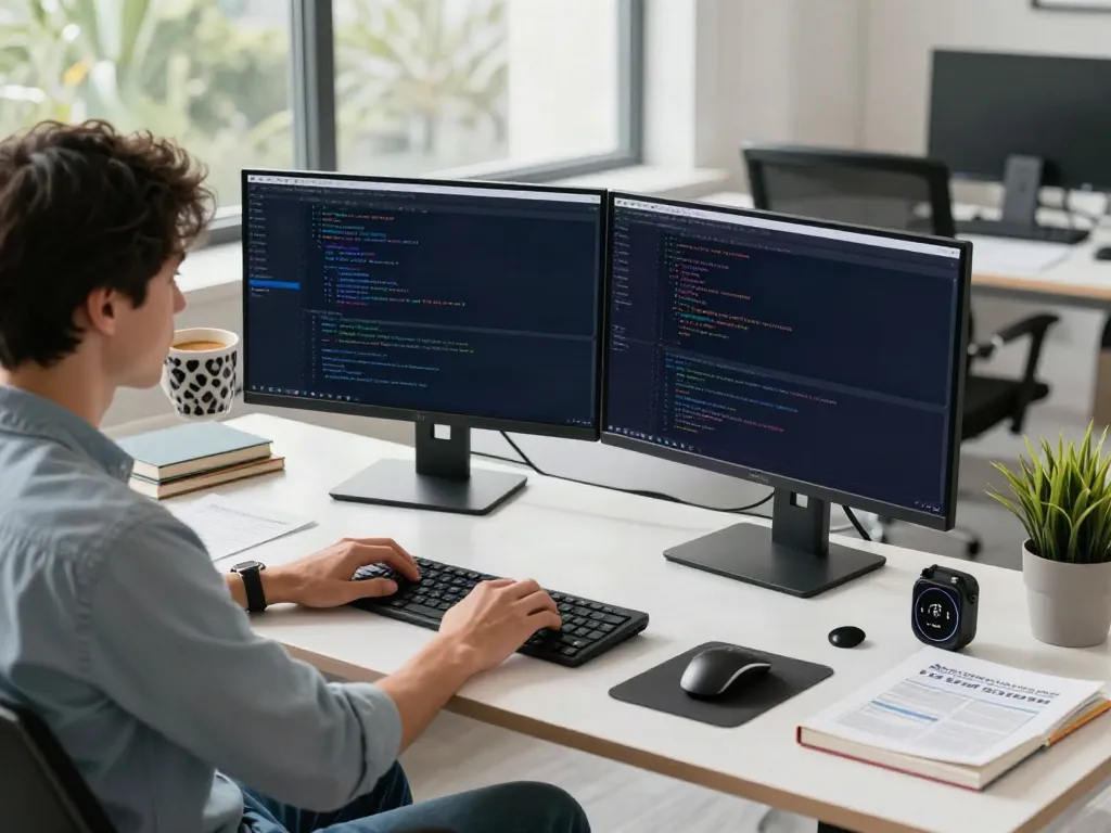A developer engaging with the A80 information platform in a bright tech workspace
