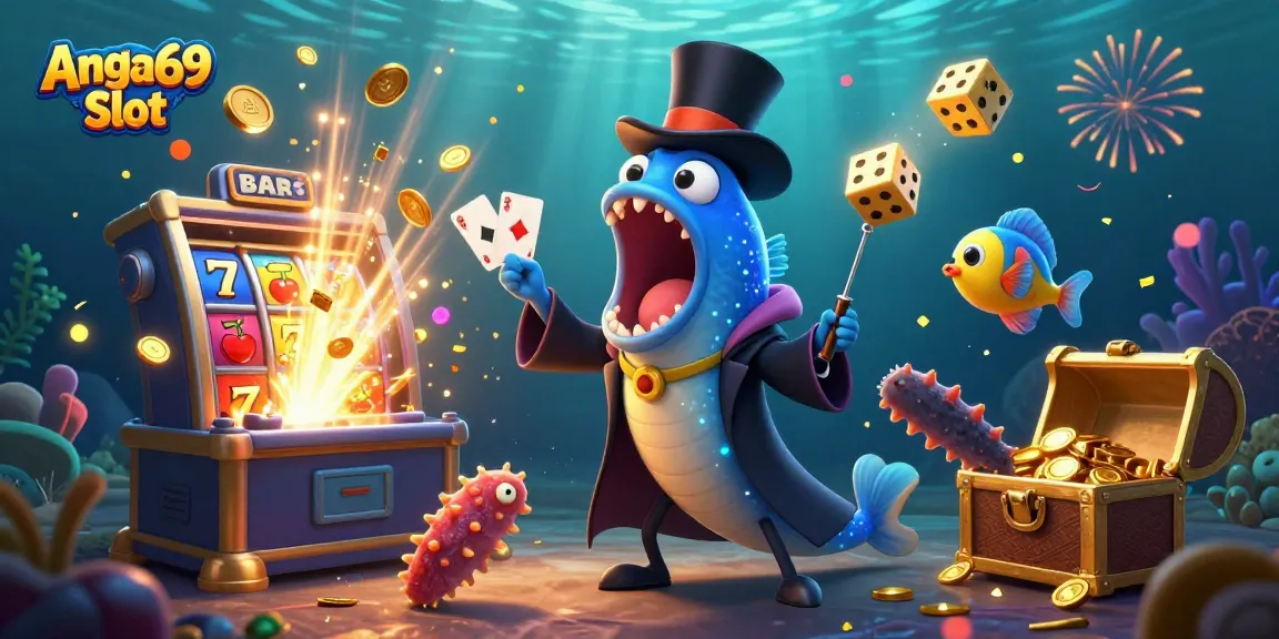 Engage with Angka69 Slot in an exciting jackpot scene with deep-sea creatures and vibrant casino elements.