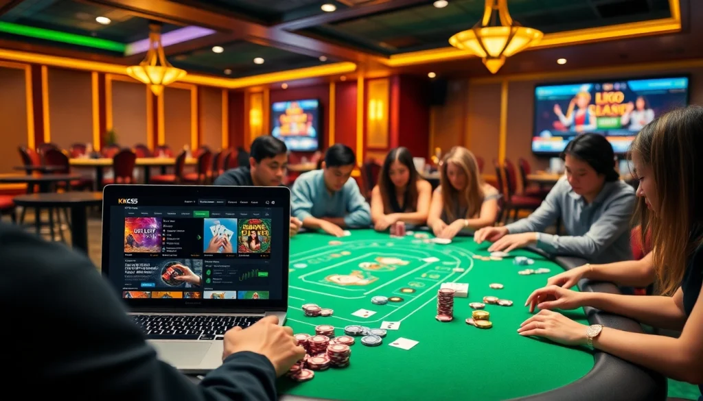 Players enjoying a thrilling game at KK55 casino table with vibrant chips and cards.