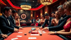 j88 players engaging at a luxurious poker table, showcasing excitement and strategy.