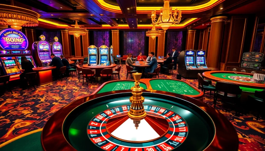 Experience the excitement of NHÀ CÁI VT88 in this vibrant casino scene featuring poker tables and slot machines.