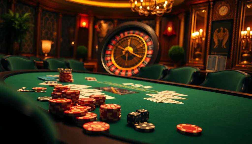 B52 poker chips set on an elegant casino table, surrounded by vibrant cards and dice.