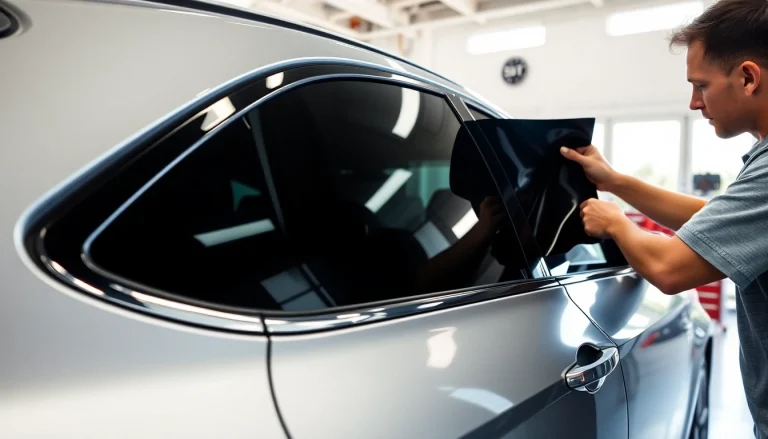 Install window tint Chattanooga on a car with precision and care in a bright garage.