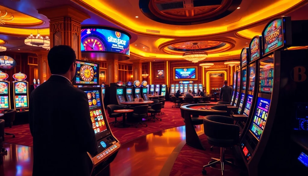 Experience high-stakes excitement at a situs gacor slot machine area with vibrant colors and luxury.