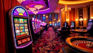 Play exciting demo slot games surrounded by luxury casino atmosphere and vibrant visuals.