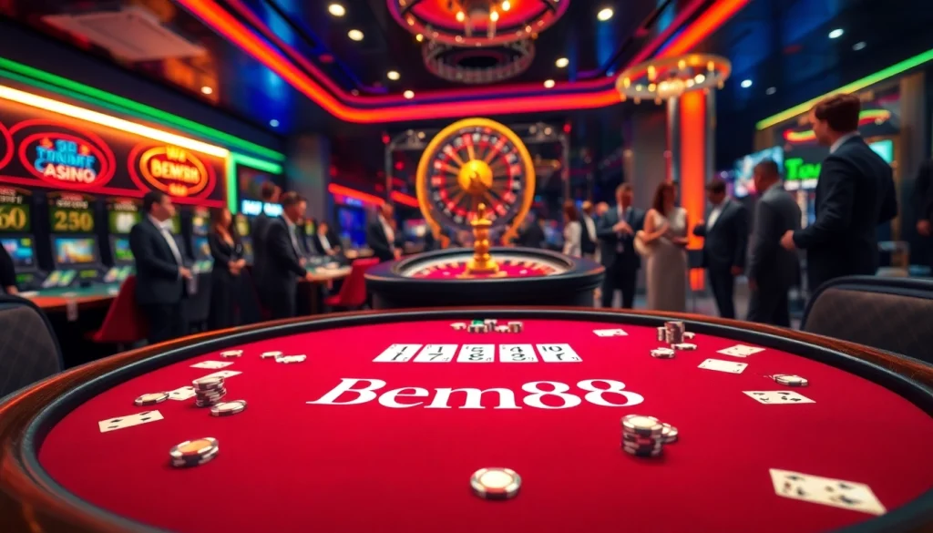 Enjoy a luxurious gaming experience at Bem88 with a vibrant blackjack table and roulette wheel.