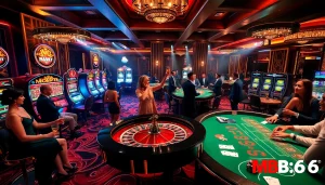 Excited players engaging at an MB66 branded casino table during a thrilling game night.