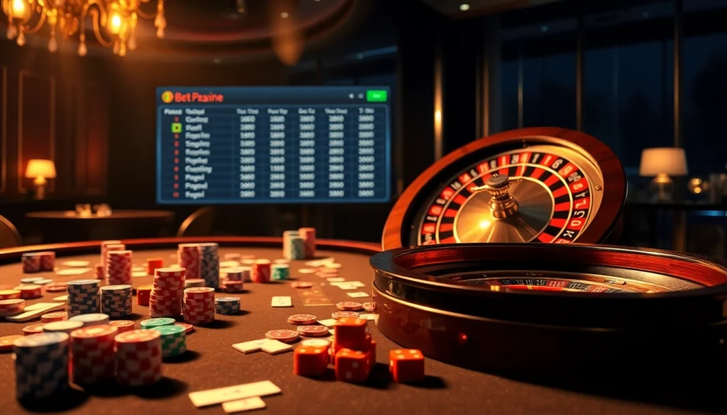 Experience the thrill of NHÀ CÁI FEBET with a dynamic online gambling scene featuring a roulette wheel and colorful chips.