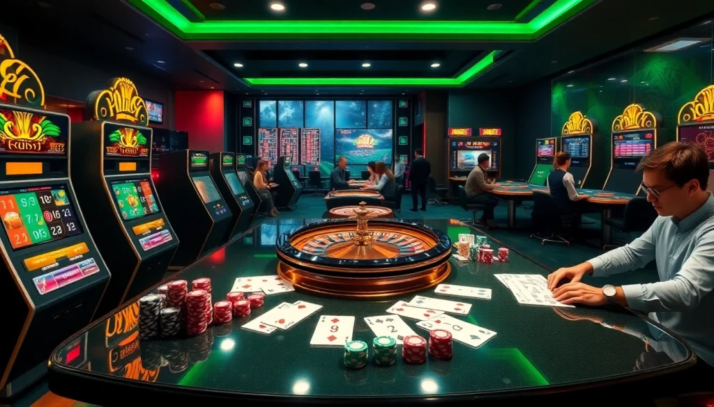 Exciting online gambling action at https://ww88jo.com/ with vibrant slot machines and roulette wheel.