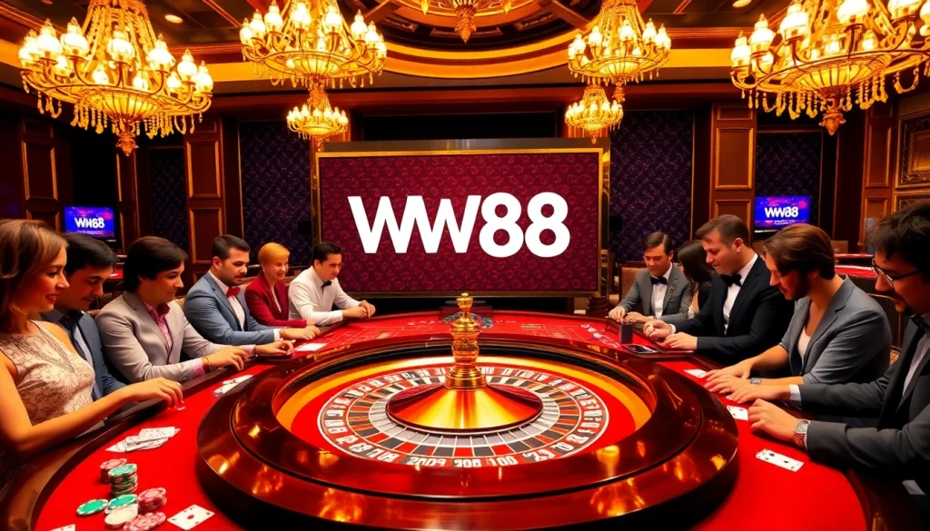 Players enjoying thrilling games at WW88 casino with vibrant roulette table.