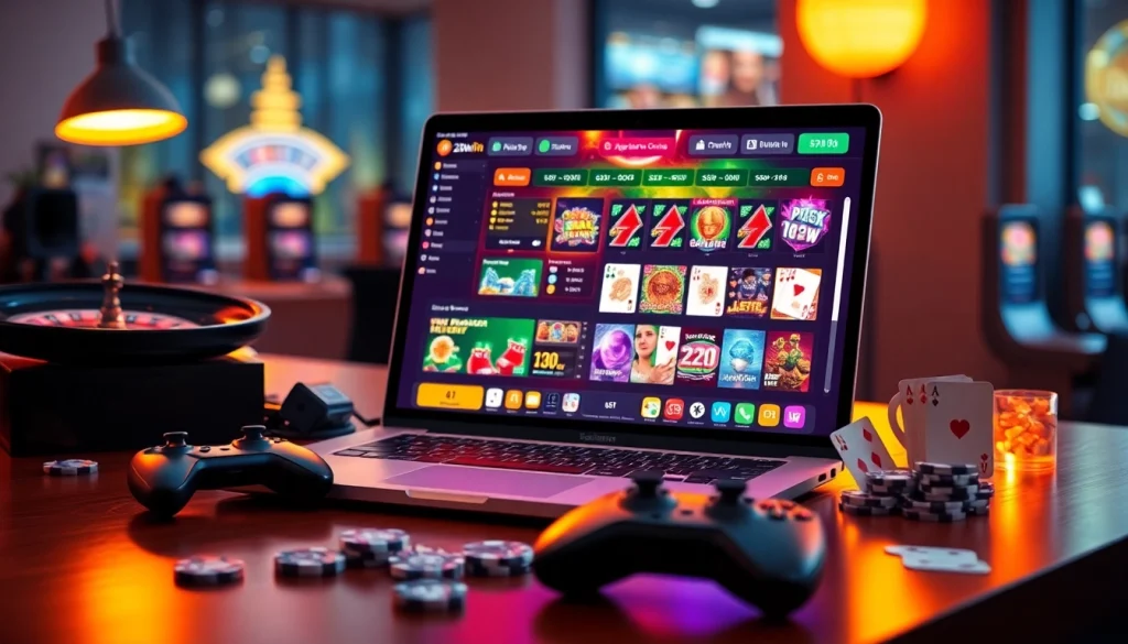 Experience the excitement of online gambling at https://23win1.it.com with vibrant casino visuals showcasing slots and poker.