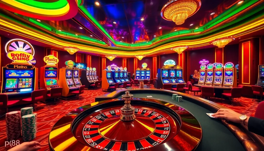 Experience the thrills of pg88 with players enjoying various casino games and vibrant slot machines.
