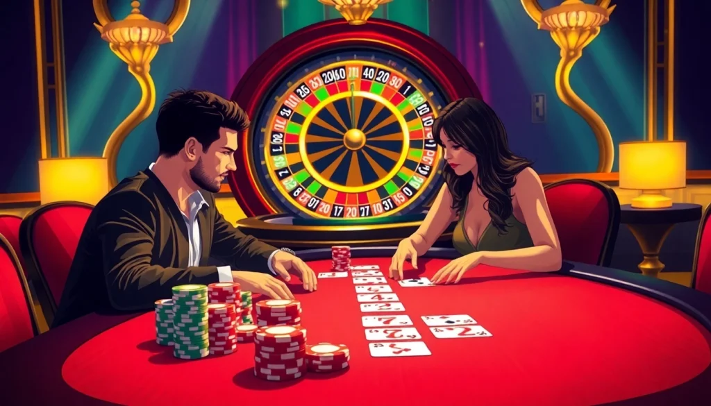 Engage in thrilling gaming experiences at NHÀ CÁI B8 casino table featuring blackjack and roulette.