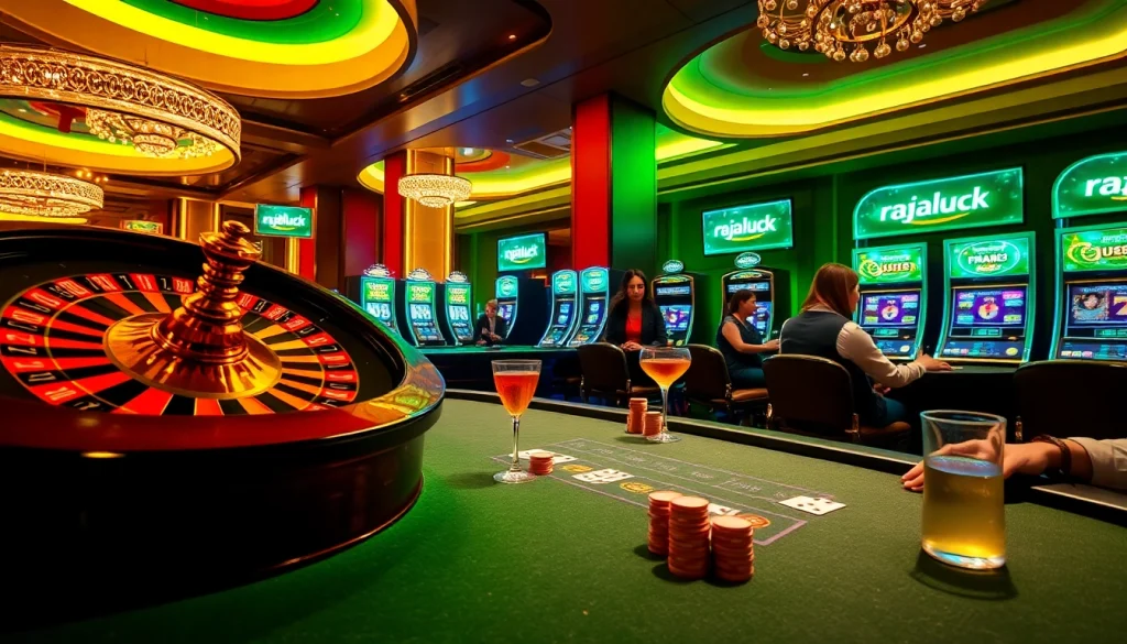 Engaging scene of players at rajaluck casino with roulette wheel, poker tables, and vibrant slot machines.