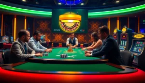 Players enjoying a game at a 69VN casino poker table showcasing vibrant chips and cards.