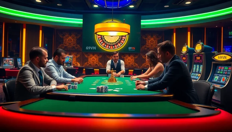 Players enjoying a game at a 69VN casino poker table showcasing vibrant chips and cards.