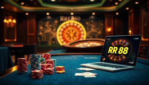 Players engaging with RR88's exciting online gambling interface at a stylish casino.