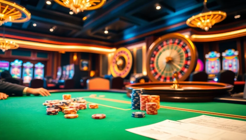 Experience thrilling poker action at https://kk55.exchange/ with vibrant chips and a spinning roulette wheel.