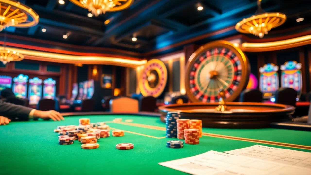 Experience thrilling poker action at https://kk55.exchange/ with vibrant chips and a spinning roulette wheel.