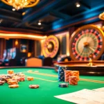 Experience thrilling poker action at https://kk55.exchange/ with vibrant chips and a spinning roulette wheel.