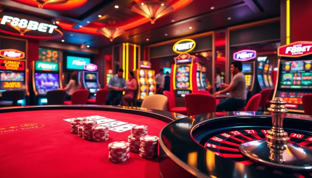 F8BET gaming excitement with vibrant poker chips on a luxurious casino table and roulette wheel.