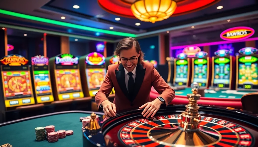 Experience the excitement of NEW888 with a dealer managing bets at a luxurious casino.