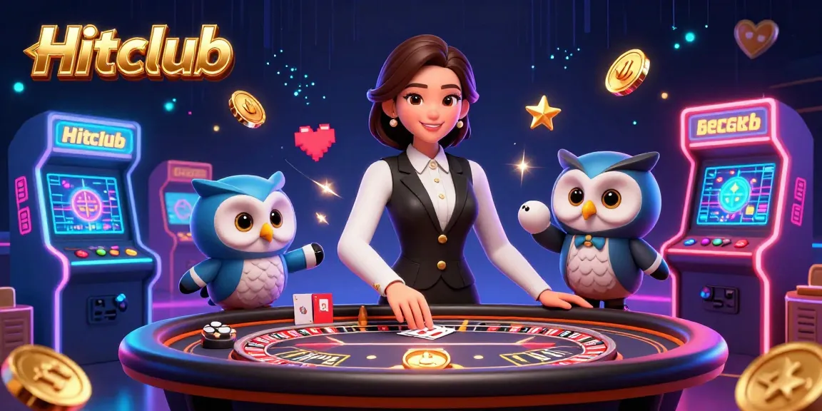 Experience thrilling gameplay at Hitclub with dealers and arcade machines in an animated casino scene.