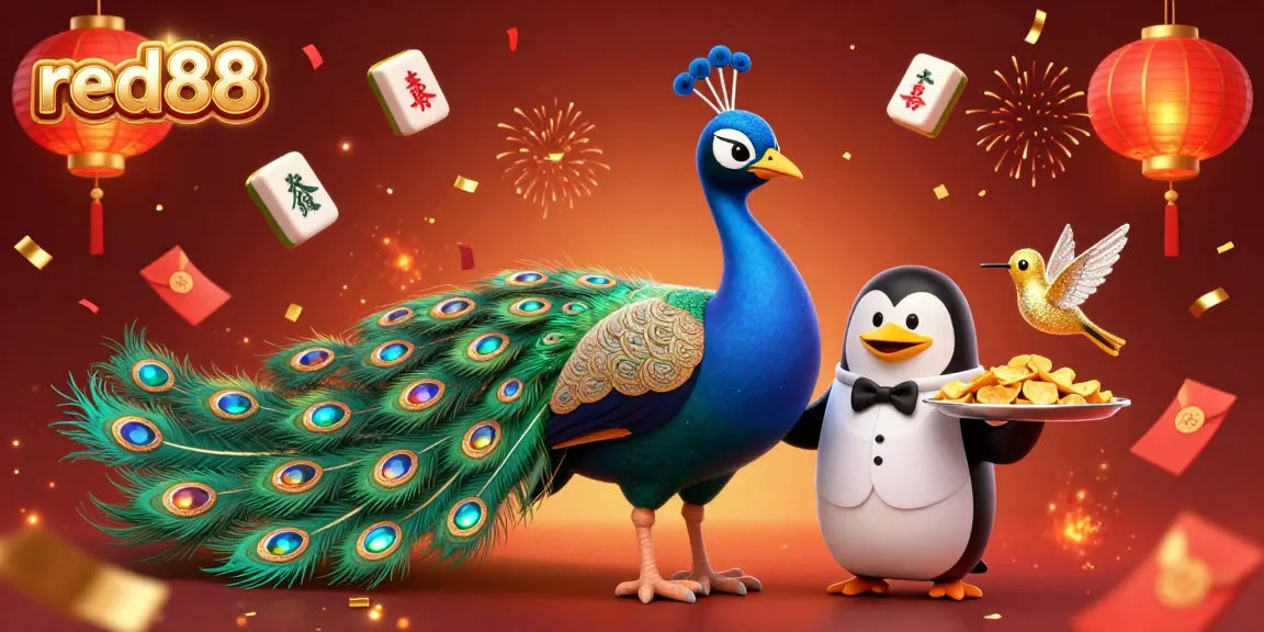Capture the excitement of red88 with a vibrant casino-themed 3D illustration featuring characters and golden chips.