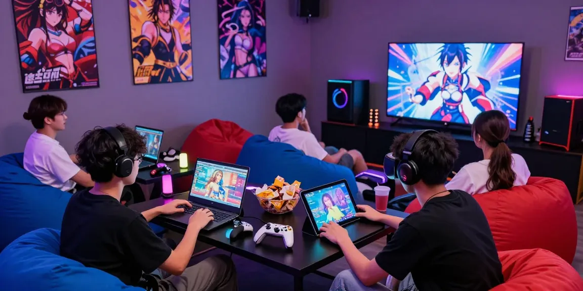 Players enjoying various hentai games in a colorful gaming lounge setting.