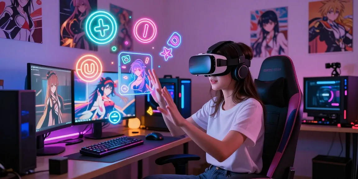 Engaging scene of a gamer immersed in a hentai ai experience, showcasing vibrant VR elements and modern gaming setup.