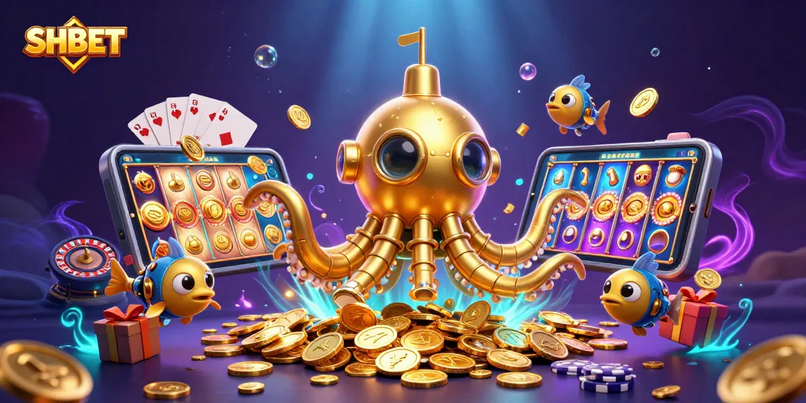 Play thrilling slots at SHBET with a mesmerizing kraken submarine amidst gold coins and vibrant casino game elements.