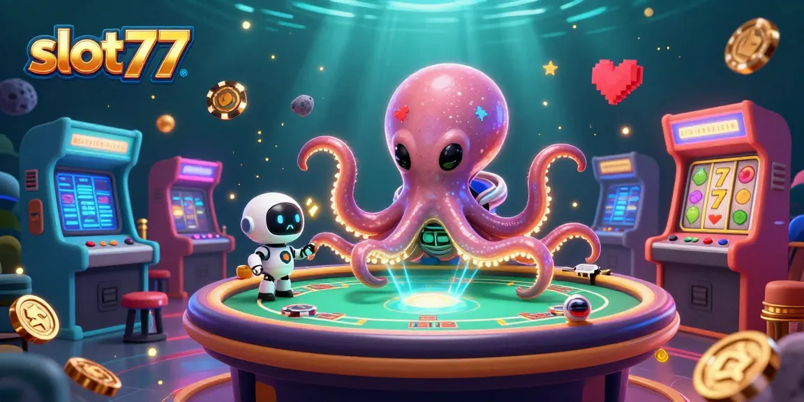 Engage in the thrilling world of slot77 with vibrant 3D alien characters and casino elements.