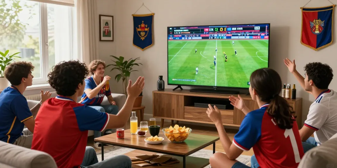 Excited fans watching football match together, شاهد المباريات هنا in a lively living room.